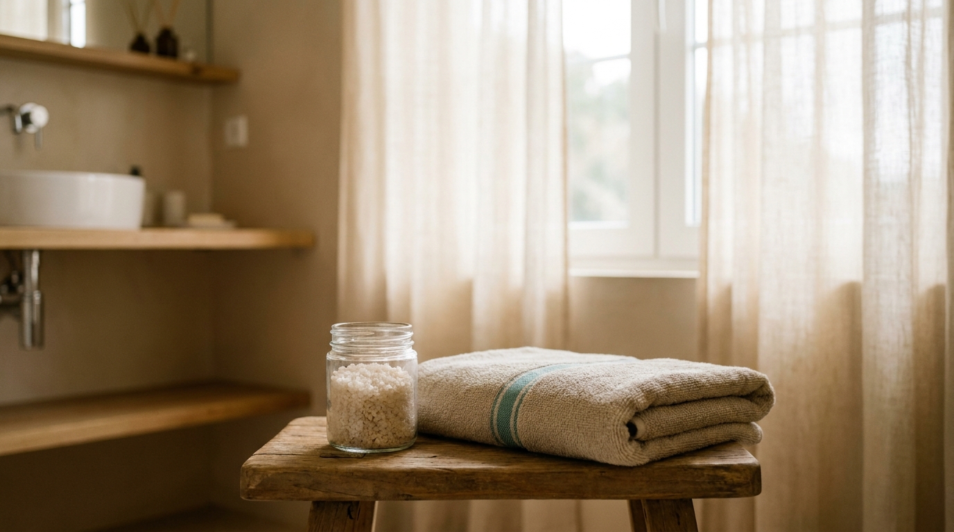 Preparation materials for an ionic foot bath session: salt jar and clean towel